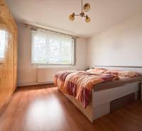 Ein Schlafzimmer in einem Einfamilienhaus mit einem Doppelbett und einem großen Kleiderschrank.
