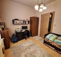 Ein Zimmer in einem Einfamilienhaus mit einem Schreibtisch, einem Bett und einem Kleiderschrank.