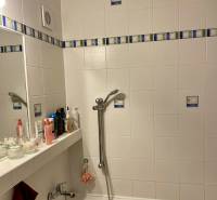 Badezimmer mit Badewanne und Regal für Kosmetik in einer 3-Zimmer-Wohnung.