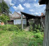 Der Garten eines Einfamilienhauses in Trenčianske Stankovce mit Rasen und einem Unterstand unter blauem Himmel.