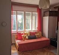 Ein sonniges Zimmer in einem Einfamilienhaus mit einem orangefarbenen Sofa, Kissen und Holzboden.