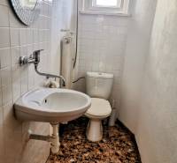 Badezimmer in einem Einfamilienhaus mit Waschbecken, Toilette und Fenster, weiße Fliesen an den Wänden.