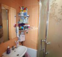 Badezimmer in einer 2-Zimmer-Wohnung mit Duschkabine, Waschbecken und Reinigungsmitteln.