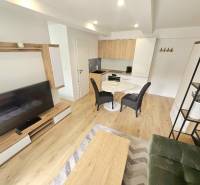 Wohnbereich mit Küchenzeile, Holzböden, Esstisch und TV-Wand.
