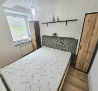 Schlafzimmer in einer Einzimmerwohnung mit Bett, Schrank und Dekorationen auf dem Regal.