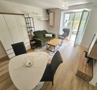 Wohnzimmer in einer Einzimmerwohnung mit grünem Sofa, Esstisch und Sessel beim Balkon.