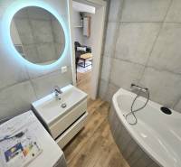 Badezimmer mit Badewanne, Waschbecken, Waschmaschine und LED-Beleuchtung in einer Einzimmerwohnung.