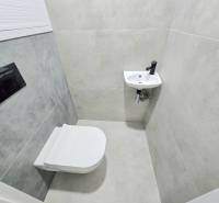 Badezimmer in einer 3-Zimmer-Wohnung mit Toilette und Waschbecken, gefliest mit grauen Fliesen.