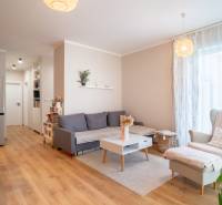 Innenraum eines Einfamilienhauses mit Wohnzimmer, Sofa, Sessel und großem Kühlschrank.