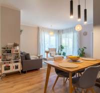 Interieur eines Einfamilienhauses mit Esstisch, Sofa und Kinderküche.