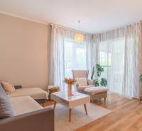 Innenraum eines Einfamilienhauses mit bequemer Couch, Sessel und Holzboden.