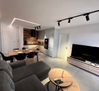 Das Wohnzimmer des Ferienapartments ist mit einer Küche, einem Esstisch und einem bequemen Sofa ausgestattet.