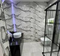 Badezimmer in einer Ferienwohnung mit Designer-Waschbecken und Duschkabine.