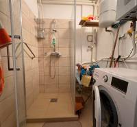 Badezimmer mit Waschmaschine und Duschkabine im Einfamilienhaus.