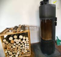 Ein Einfamilienhaus mit Kamin und einem Vorrat an Holz zum Heizen.