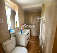 Badezimmer in einem Einfamilienhaus mit Dusche, Toilette und Waschbecken.