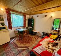 In der Hütte mit der Holzdecke befinden sich ein Tisch, Stühle und ein antiker Kühlschrank.