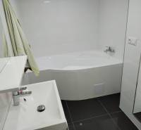 Ein Badezimmer in einem Einfamilienhaus mit einer Dusche und einem dunklen Boden.