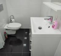 Badezimmer im Einfamilienhaus mit Toilette, Waschbecken und weißen Fliesen.