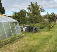 Garten bei einem Einfamilienhaus in Malacky mit einem Folientunnel und Obstbäumen.