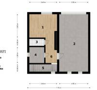 Grundriss des Kellers eines Einfamilienhauses mit Küche, Garage, WC, Abstellraum, Treppe und Flur.