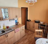 Küche in einer Einzimmerwohnung mit Holzschränken, Tisch und Kühlschrank.