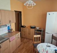 Küche in einer Einzimmerwohnung mit Holzschränken, Tisch und Kühlschrank.