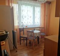 Küche in einer Einzimmerwohnung mit Tisch, Stühlen und Kühlschrank.