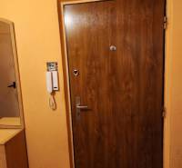 Holztür in einer Einzimmerwohnung, daneben eine Gegensprechanlage und ein Kleiderschrank.
