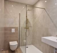 Badezimmer in einer 4-Zimmer-Wohnung mit Dusche, Toilette und Waschbecken, helle Fliesen.