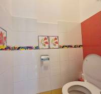 Toilette mit bunten Fliesen und Blumenmuster in Geschäftsräumen.