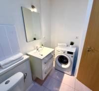 Badezimmer in einer 2-Zimmer-Wohnung mit Spiegel, Waschmaschine und Toilette.
