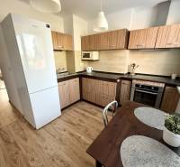 Küche in einer 2-Zimmer-Wohnung mit Holzmöbeln, einem weißen Kühlschrank und einem Esstisch.