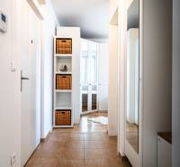 Flur in einer 2-Zimmer-Wohnung mit einem Regal mit Körben und einem Spiegel an der Wand.