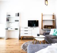 Wohnzimmer mit Sofa, Couchtisch, Fernseher und Blumenvorhängen in einer Zweizimmerwohnung.