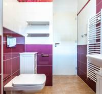 Badezimmer in einer 2-Zimmer-Wohnung mit bunten Fliesen und Sanitäranlagen.