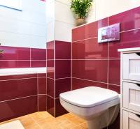 Badezimmer mit Waschbecken, Toilette und Schrank in einer 2-Zimmer-Wohnung, Dekor mit roten Fliesen.