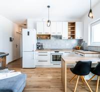 Küche in einer 2-Zimmer-Wohnung mit einem Turm, einem Esstisch, einem Klavier und Dekorationen.