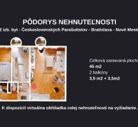 Grundriss einer 2-Zimmer-Wohnung in der Straße Československých parašutistov, Bratislava - Nové Mesto, 45 m², 2 Balkone.