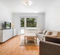 Wohnzimmer in einer 2-Zimmer-Wohnung mit bequemer Couch, Tisch und Fernseher, Holzboden-Dekor.