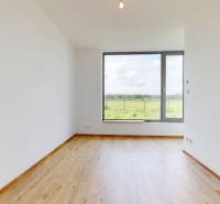 Ein heller Raum mit Holzboden und einem großen Fenster in einem Einfamilienhaus.