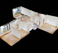3D-Grundriss eines Einfamilienhauses mit großen Fenstern und Holzboden.