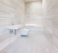 Badezimmer mit Fliesen und Waschbecken in einem Einfamilienhaus, minimalistisches Design.