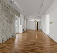 Innenraum von Geschäftsräumen mit Holzboden und texturierter Wand.