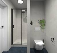 Badezimmer in einer 2-Zimmer-Wohnung mit Dusche, Toilette und Pflanze an der Wand.