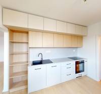 Küche in einer 2-Zimmer-Wohnung mit weißen Schränken und eingebautem Ofen.