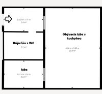 Grundriss einer 2-Zimmer-Wohnung mit Badezimmer und geräumigem Wohnzimmer mit Küche.