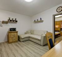 Wohnzimmer mit Sofa, Holzmöbeln und Regalen in einer 2-Zimmer-Wohnung.