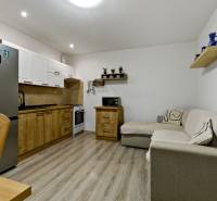 Offene Küche mit Holzschränken und Sofa in einer Zweizimmerwohnung.