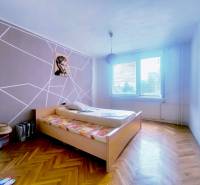 Schlafzimmer in einer 3-Zimmer-Wohnung mit Holzboden und auffälliger Wanddekoration.